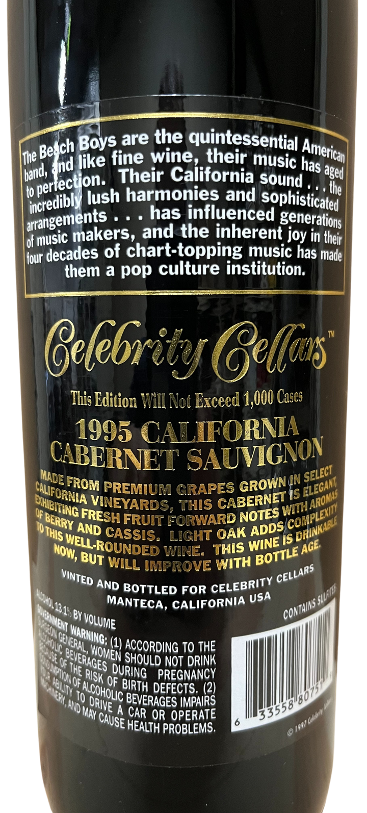 1995 Celebrity Cellars The Beach Boys Proprietary Red Wine Etched Bottle