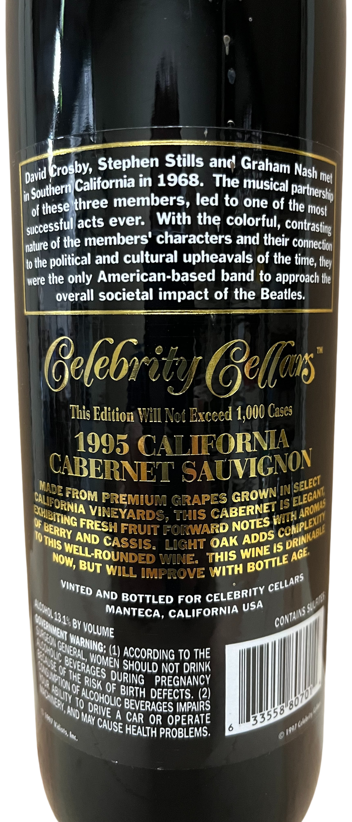 1995 Celebrity Cellars Crosby Stills and Nash Proprietary Red Wine Etched Bottle