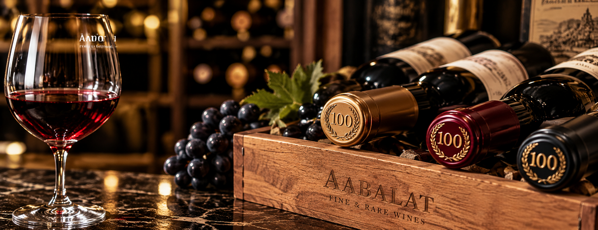 Luxury wine bottles with gold 100-point rating seals beside a glass of red wine in a wine cellar.