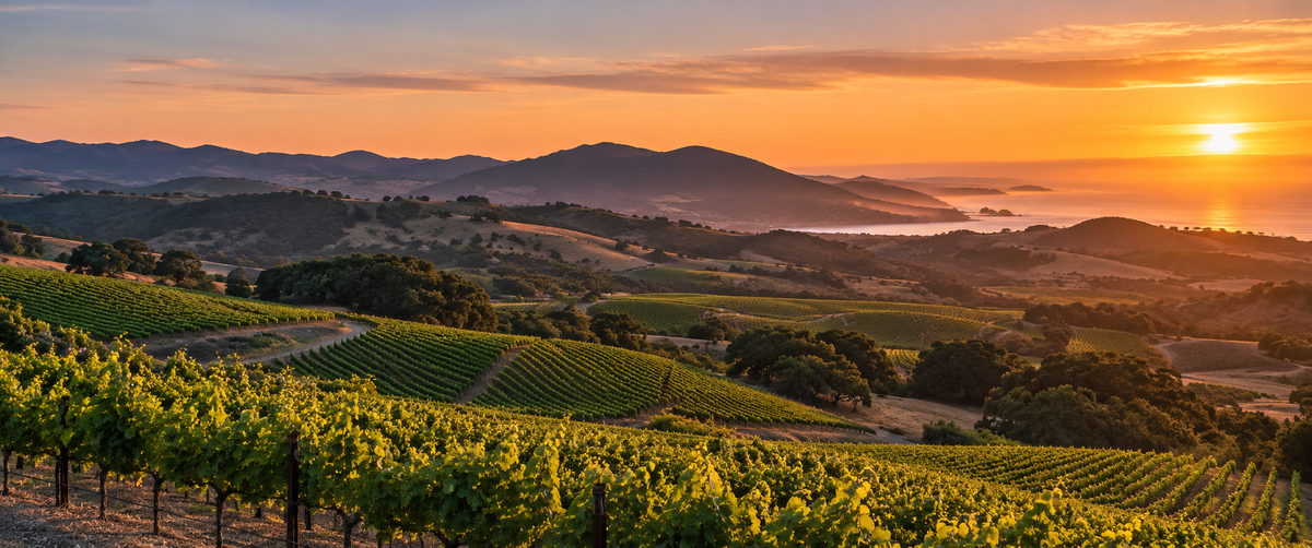 Panoramic vineyard landscape with rolling hills and oak trees at sunset, representing California's Central Coast wine country.