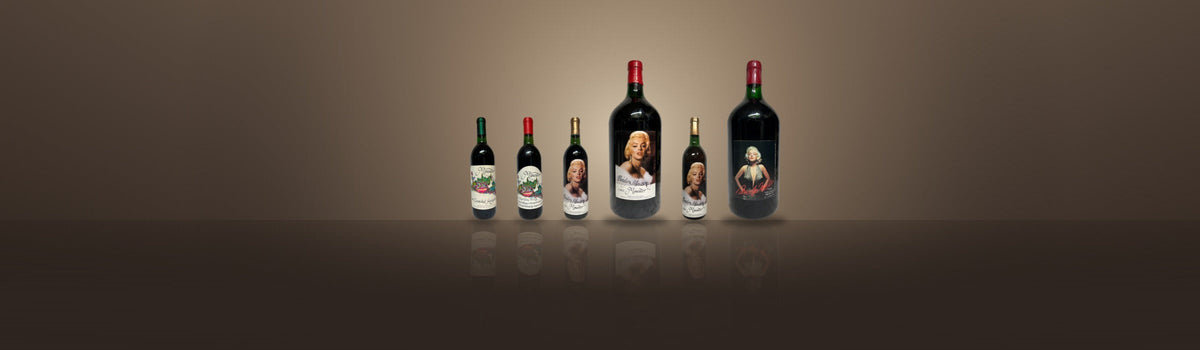 Early Maneater and Marilyn Merlot bottles from 1981 to 1986, including two 3-liter bottles