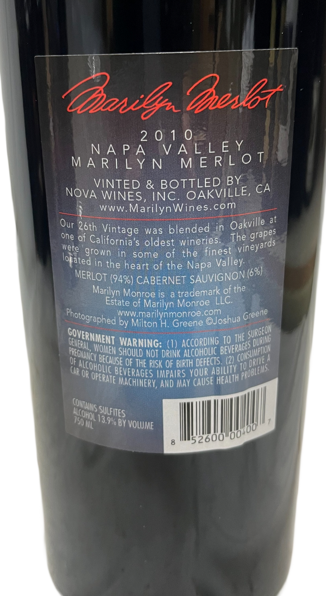 2010 Marilyn Merlot Napa Valley Merlot Etched