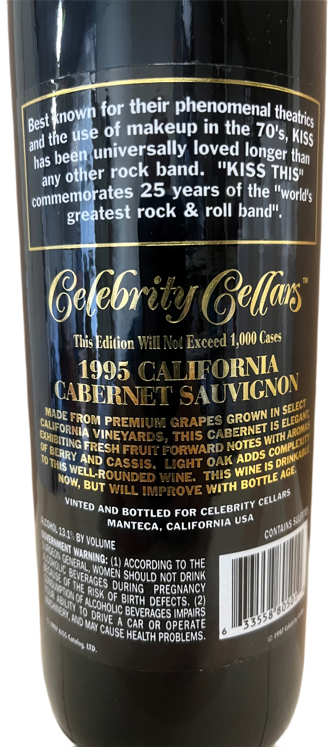 1995 Celebrity Cellars Kiss This Cabernet Sauvignon Etched Bottle