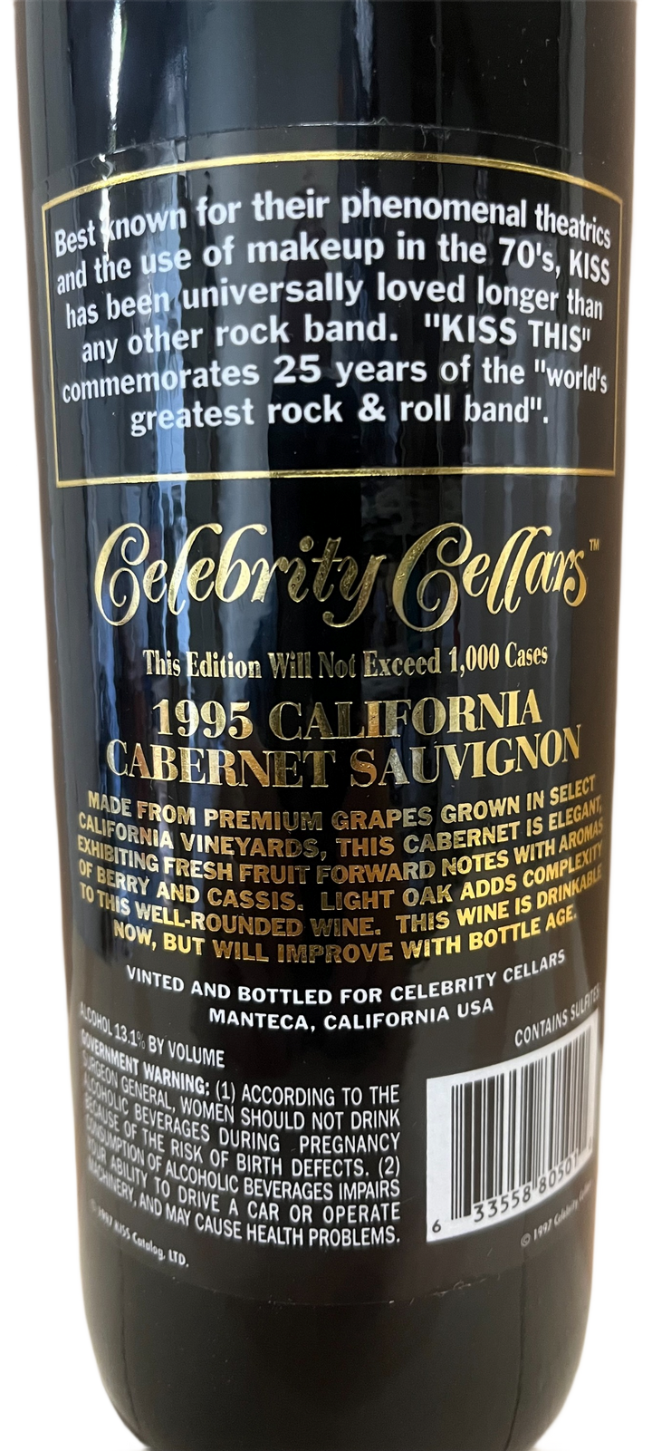 1995 Celebrity Cellars Kiss This Cabernet Sauvignon Etched Bottle