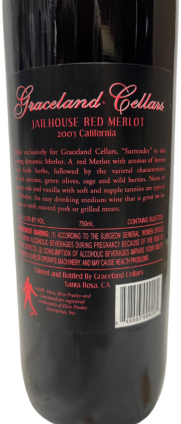 2003 Graceland Cellars Elvis Presley Jailhouse Red Merlot 1st Edition