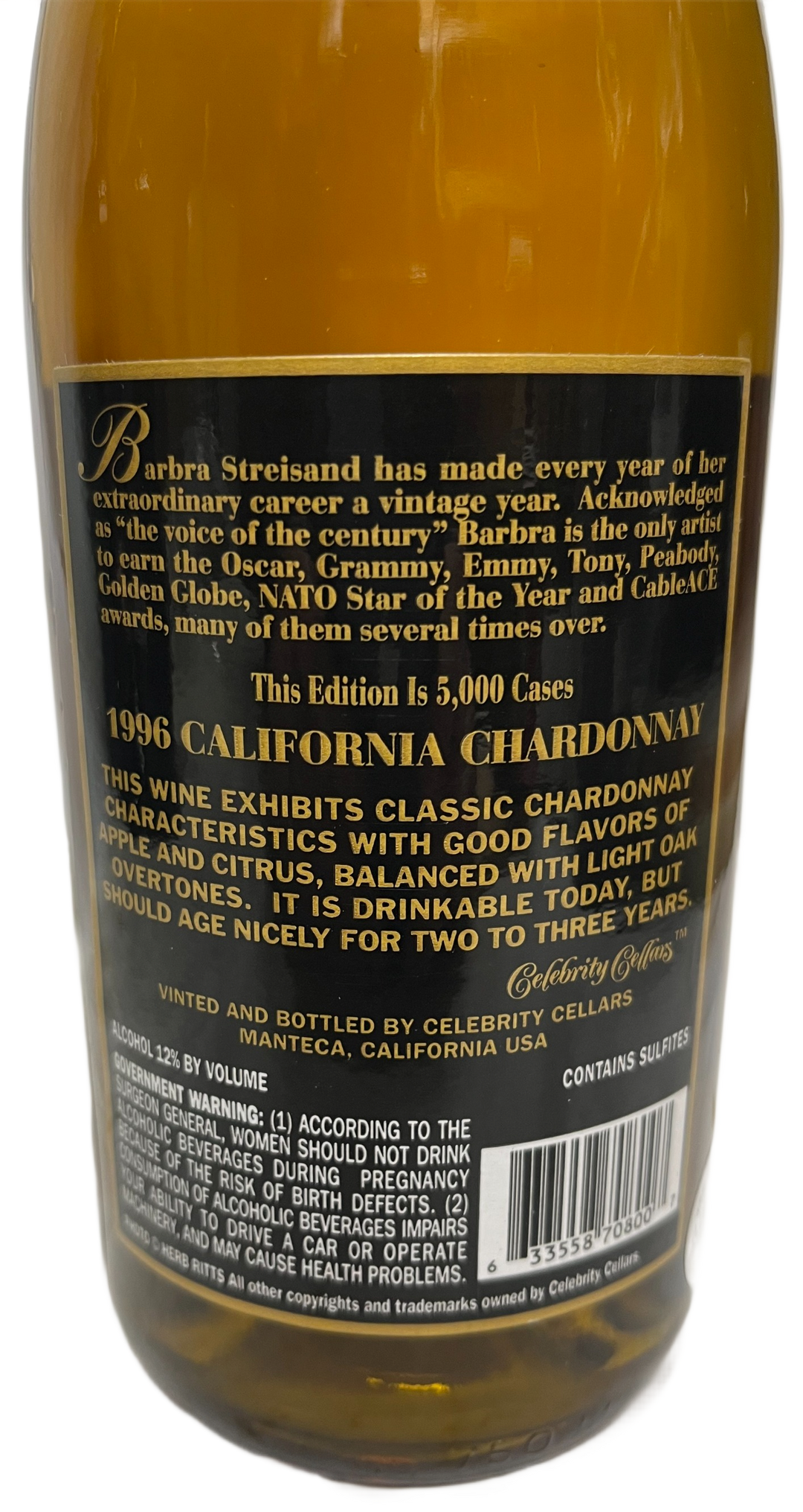 1996 Celebrity Cellars Barbra Streisand Chardonnay Wine