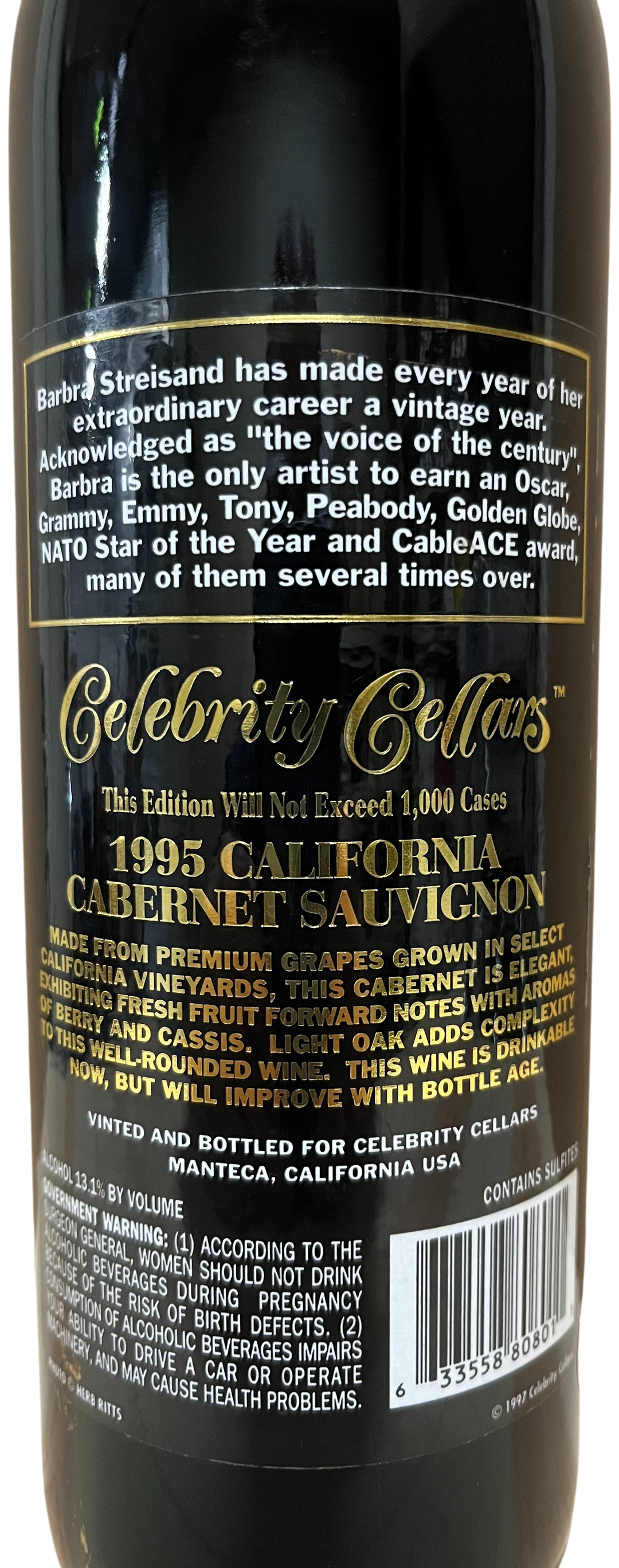 1995 Celebrity Cellars Barbara Streisand Etched Bottle Cabernet Sauvignon