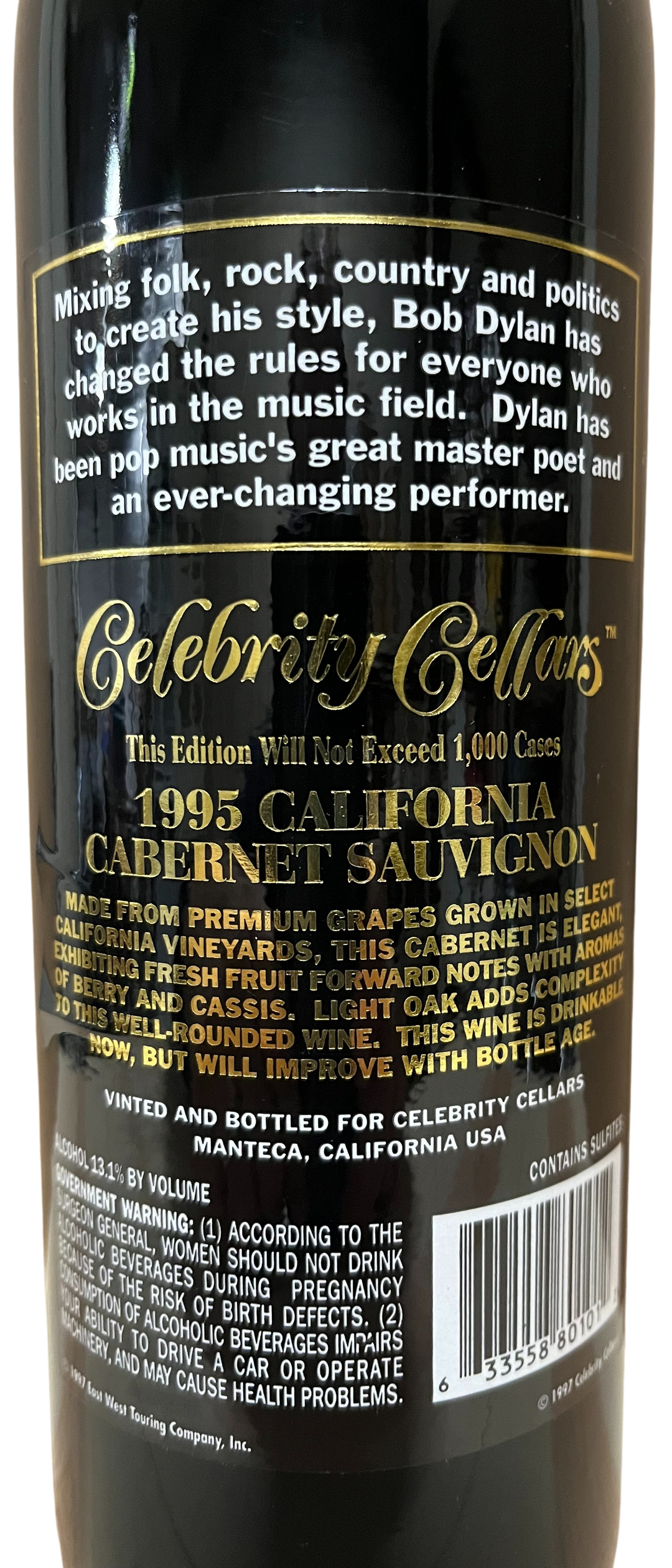 1995 Celebrity Cellars Bob Dylan Proprietary Red Wine Etched Bottle