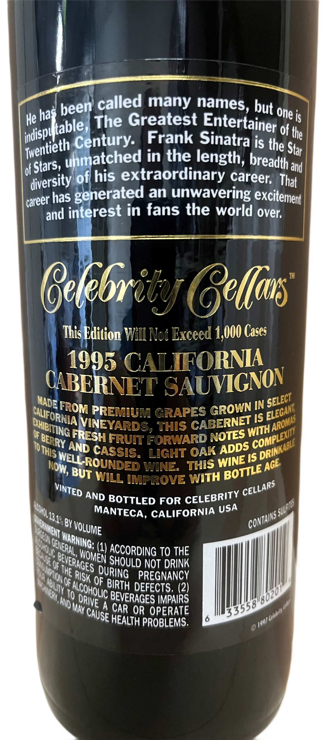 1995 Celebrity Cellars Frank Sinatra Proprietary Red Wine Etched Bottle