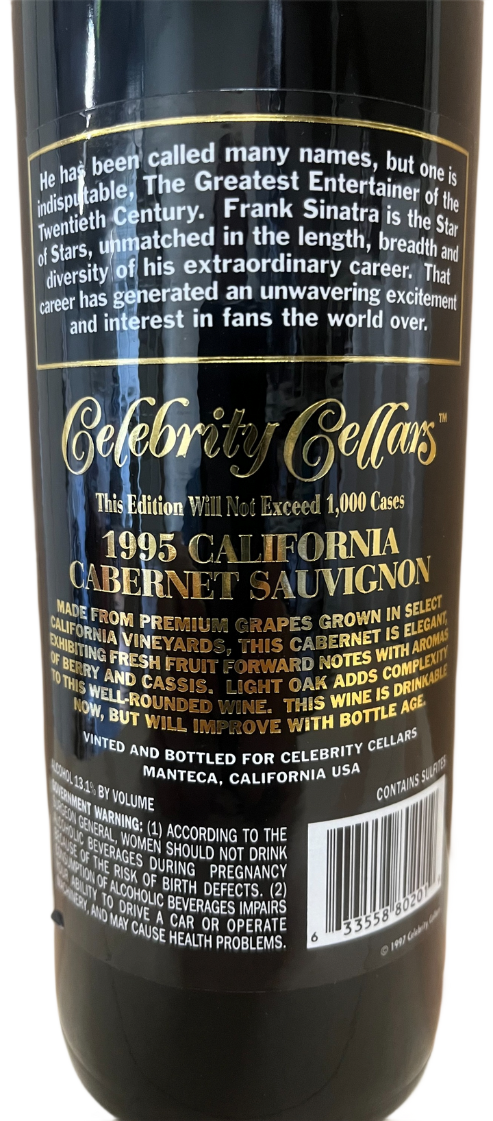 1995 Celebrity Cellars Frank Sinatra Proprietary Red Wine Etched Bottle
