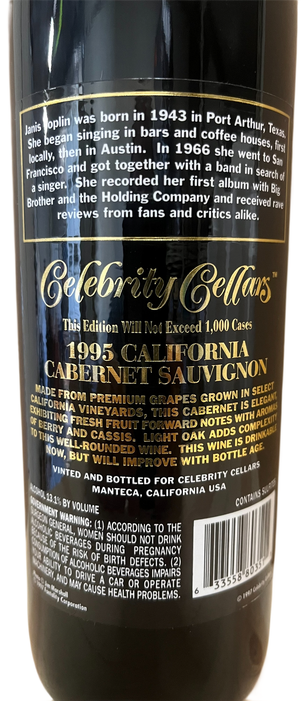 1995 Celebrity Cellars Janis Joplin Proprietary Red Wine Etched Bottle