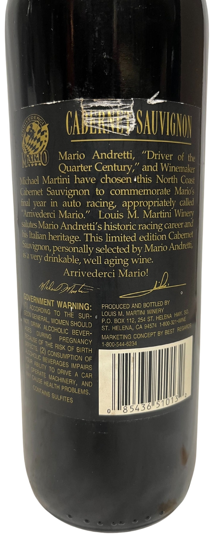 1991 Louis Martini Mario Andretti Cabernet Sauvignon Red Wine