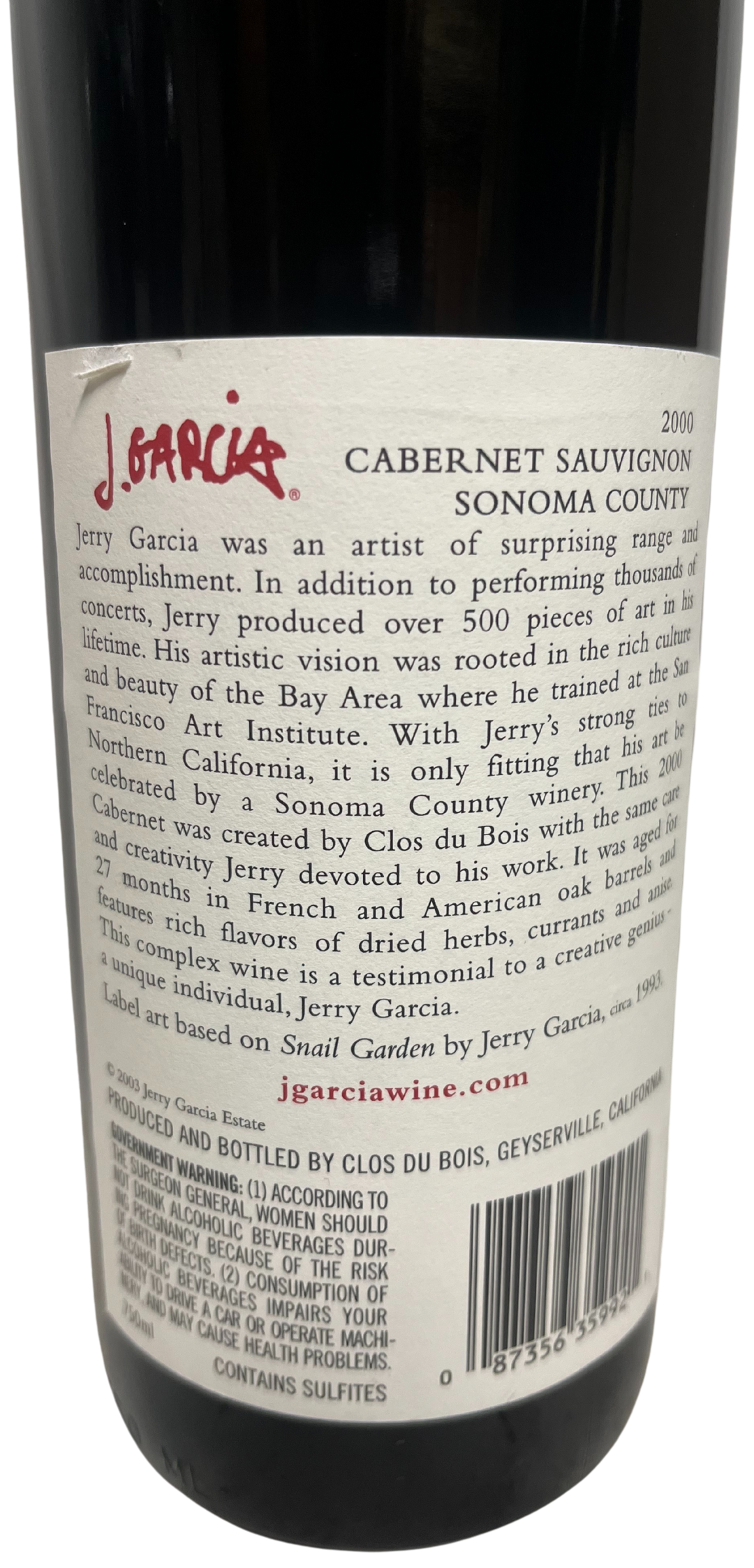 2000 Jerry Garcia Artist Series Snail Garden Sonoma County Cabernet Sauvignon